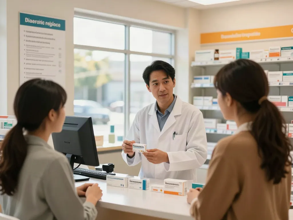 Pharmazeut erklärt Mounjaro (Tirzepatid) zur Gewichtsreduktion und Diabetesbehandlung in moderner Apotheke