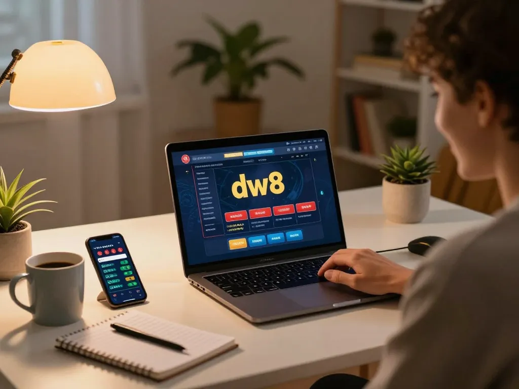 Person engaging with dw8 online casino on a laptop, showcasing betting strategy in a cozy home setting.