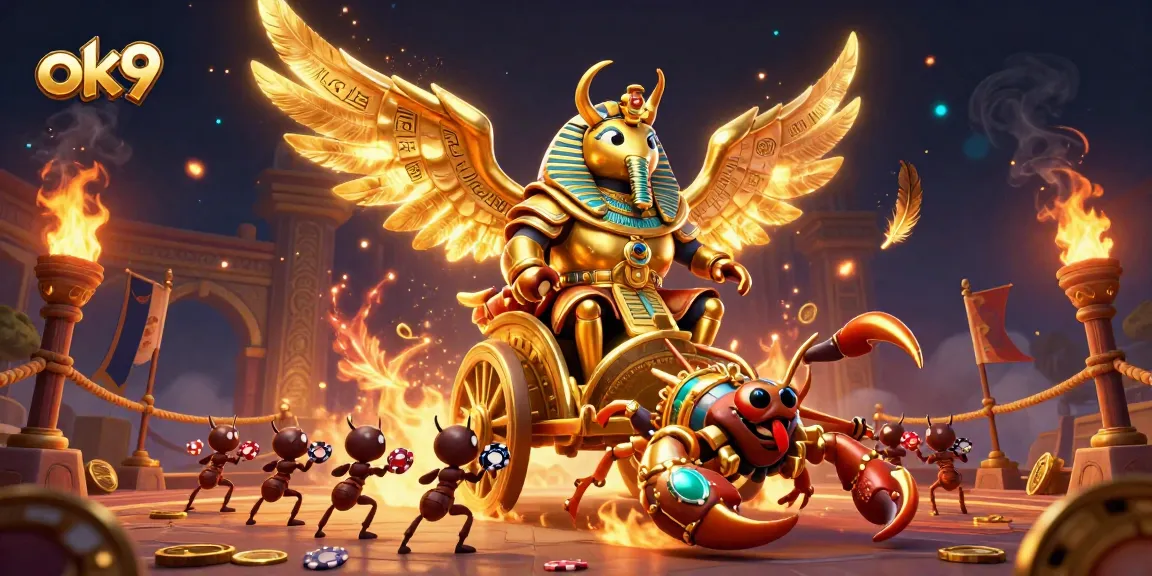 Experience thrilling gameplay and exciting offers at ok9 casino with a vibrant 3D golden scarab scene.