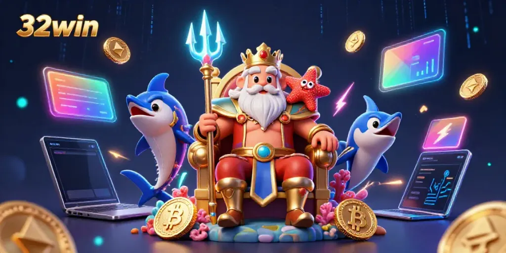 Engage in thrilling gaming with 32win featuring sea king Neptune and vibrant crypto elements.