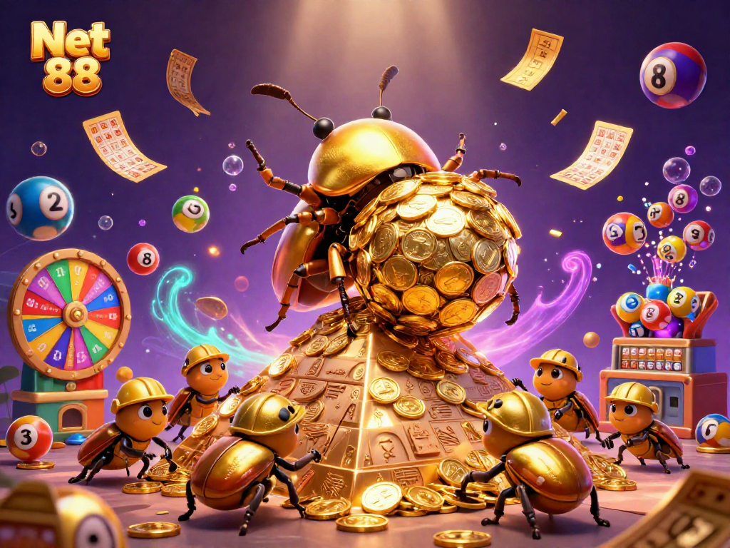Experience excitement with Net 88's vibrant 3D casino illustration showcasing golden beetles and lottery elements.