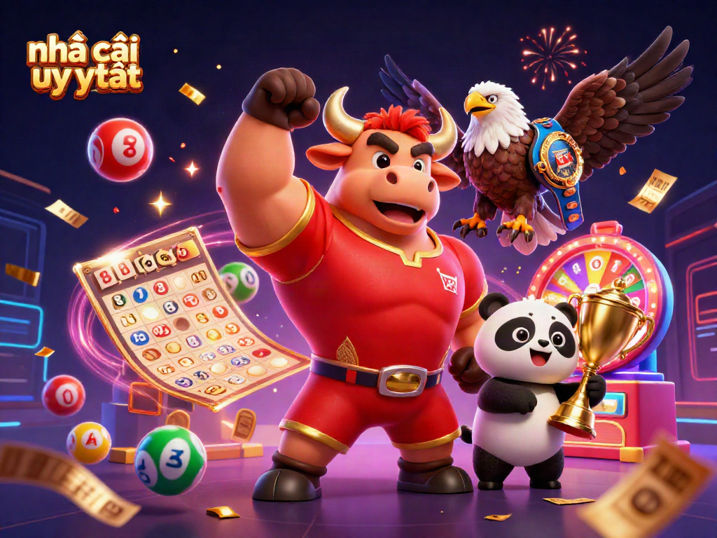 Dynamic illustration of the success-rich gambling scene with "nhà cái uy tín" prominently featured, celebrating wins.