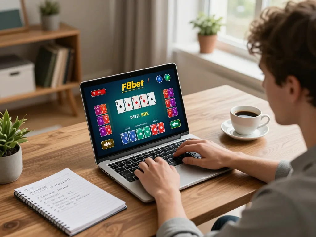 Player engaging with F8bet poker game on laptop in cozy home office setting, showcasing strategic betting.