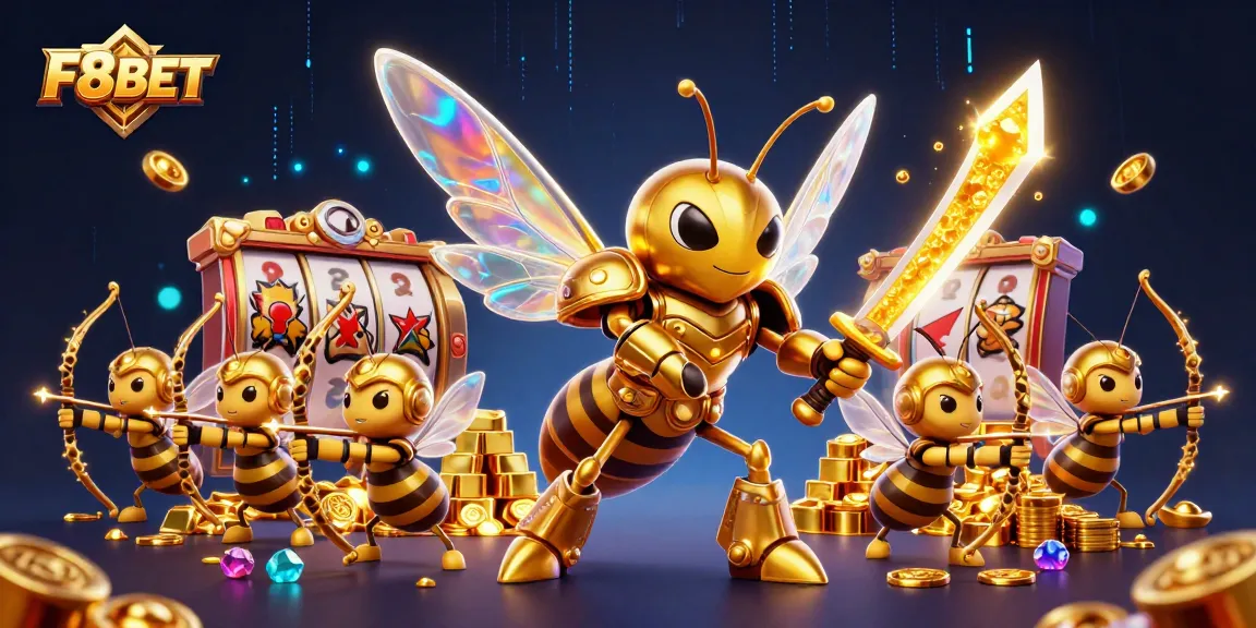 Experience the vibrant F8BET casino world with a golden hornet and treasure-filled elements.
