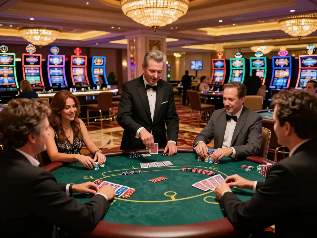 98wincom players enjoying an exciting poker night on a luxurious casino floor