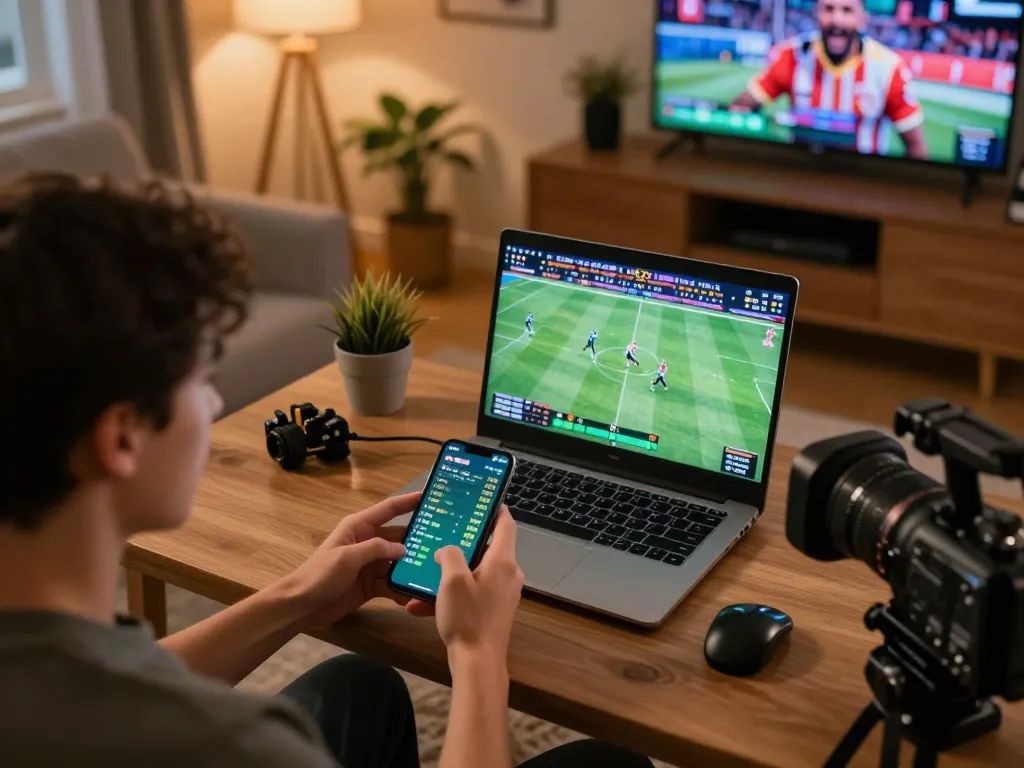 Player analyzing live sports betting options on smartphone while enjoying a cozy evening at home with 98win.