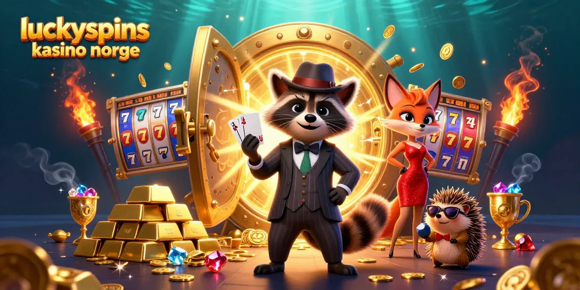 Experience the thrill of luckyspins kasino norge with a raccoon, fox, and hedgehog in a vibrant casino scene.