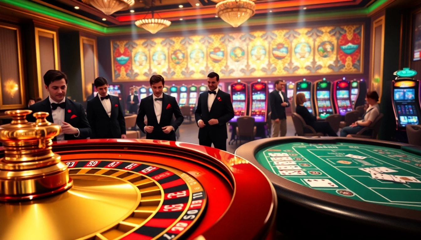 Experience the excitement of MM88 with a vibrant casino scene featuring roulette and poker action.