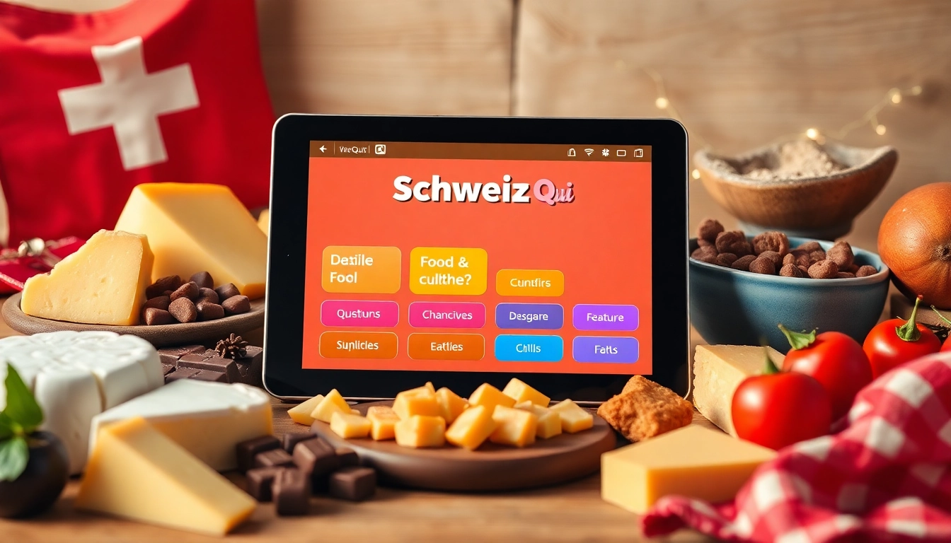 Ansprechende Schweiz-Quiz-Oberfläche mit Schweizer Kulinarik-Elementen, fördert spielerisches Lernen.