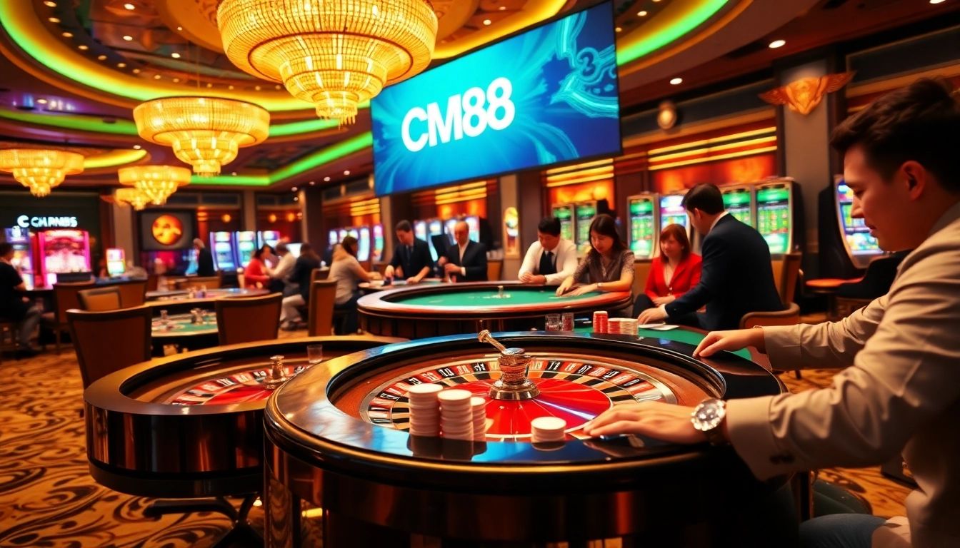 Experience thrilling gambling action at CM88 with poker tables and a vibrant roulette wheel.