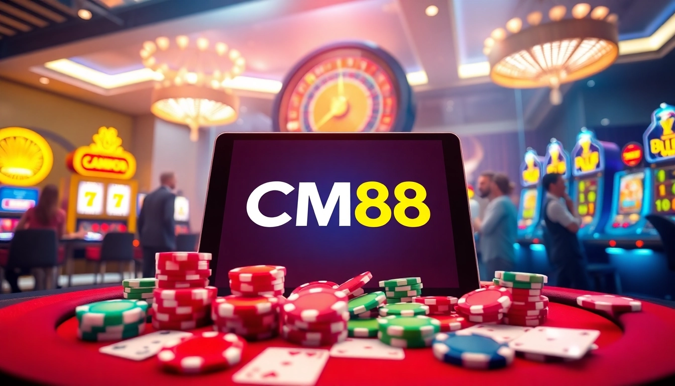 Experience the excitement of CM88 with vibrant gambling elements in a luxurious setting.