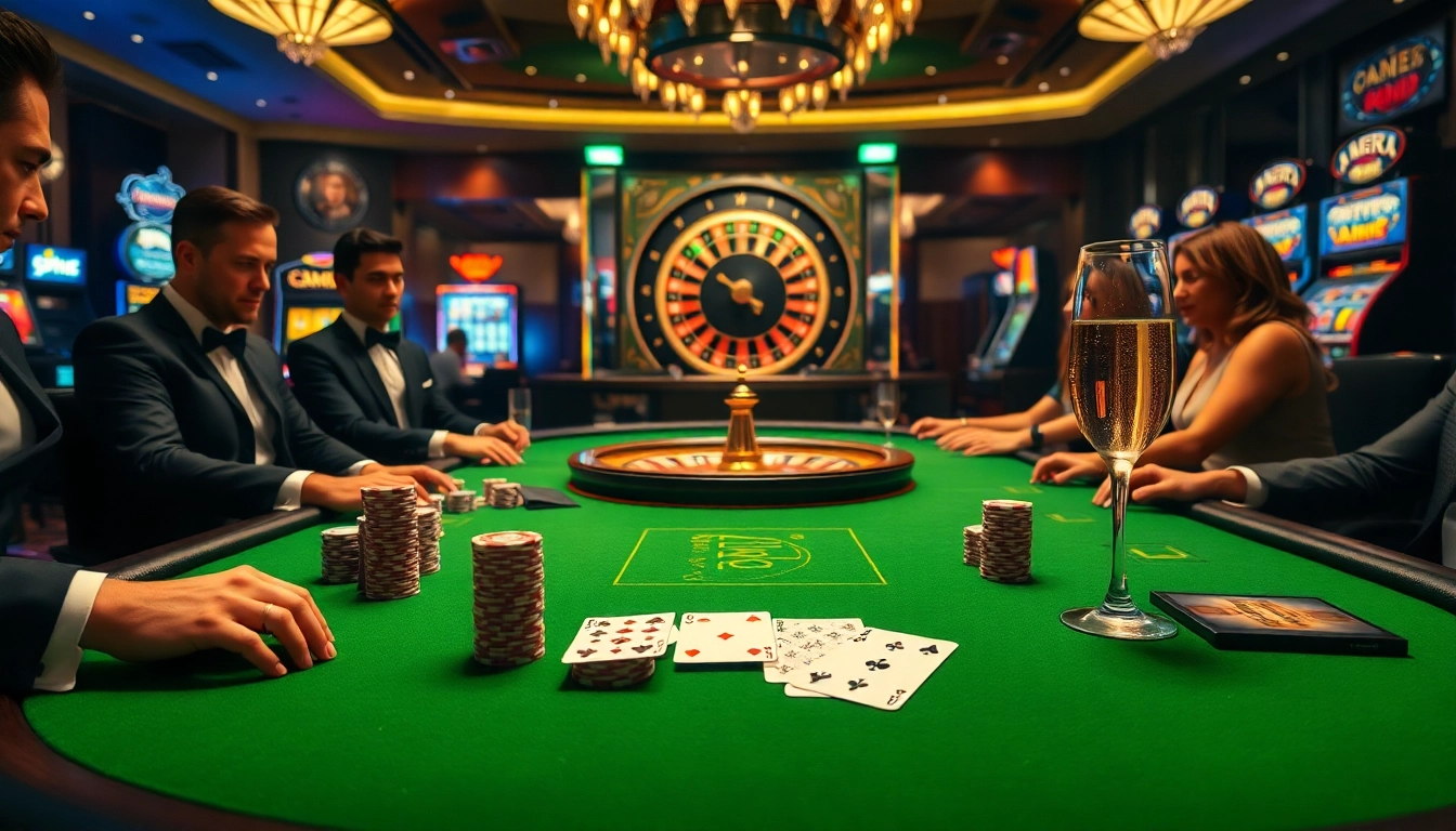 High-stakes gamblers enjoying a luxurious poker setup at CM88 casino, featuring chips and cards.