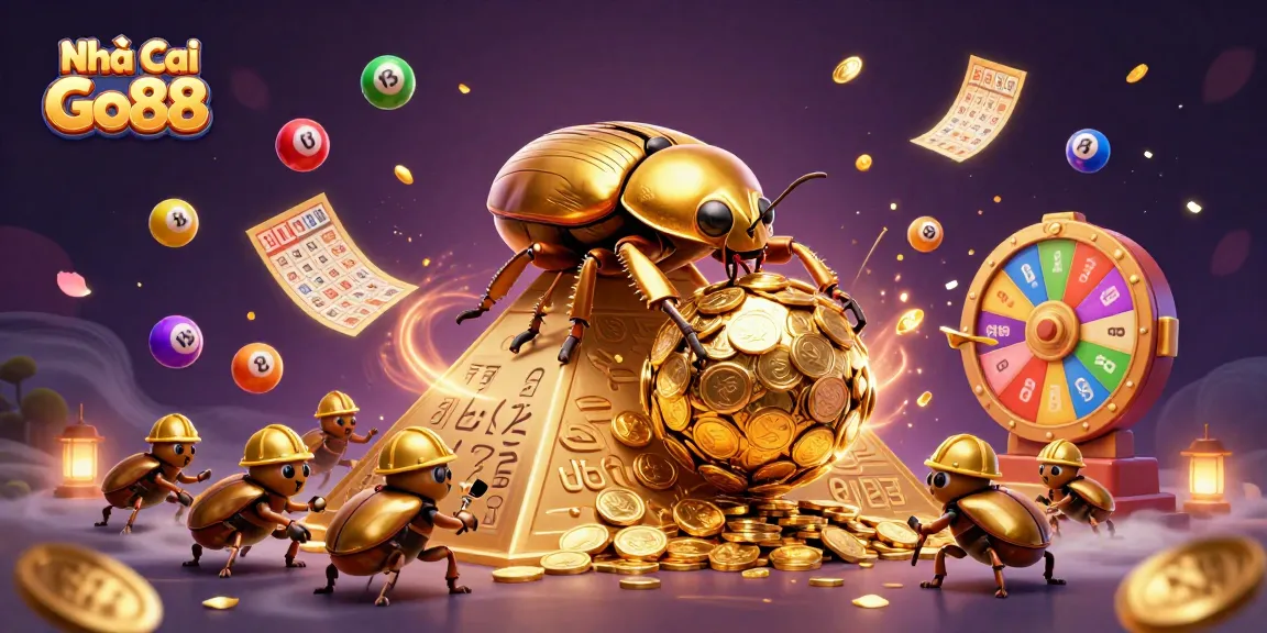 Experience the thrill of gaming at Nhà Cái Go88 with a vibrant illustration of golden beetles and dynamic casino elements.