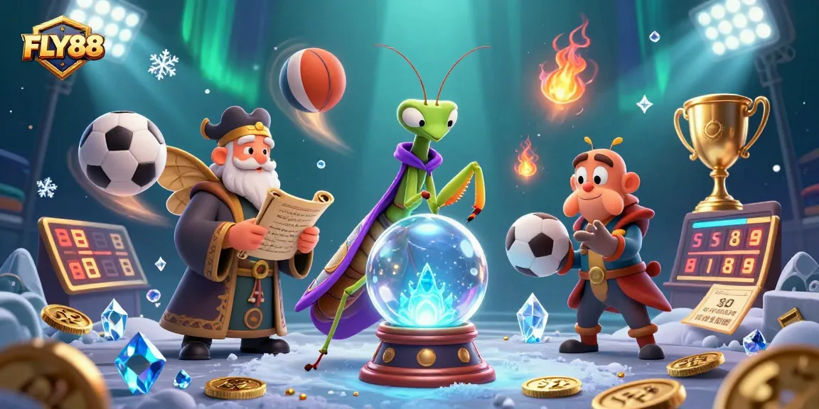 Engage in thrilling gameplay at FLY88 with an enchanting illustration of fortune tellers and dynamic sports elements.