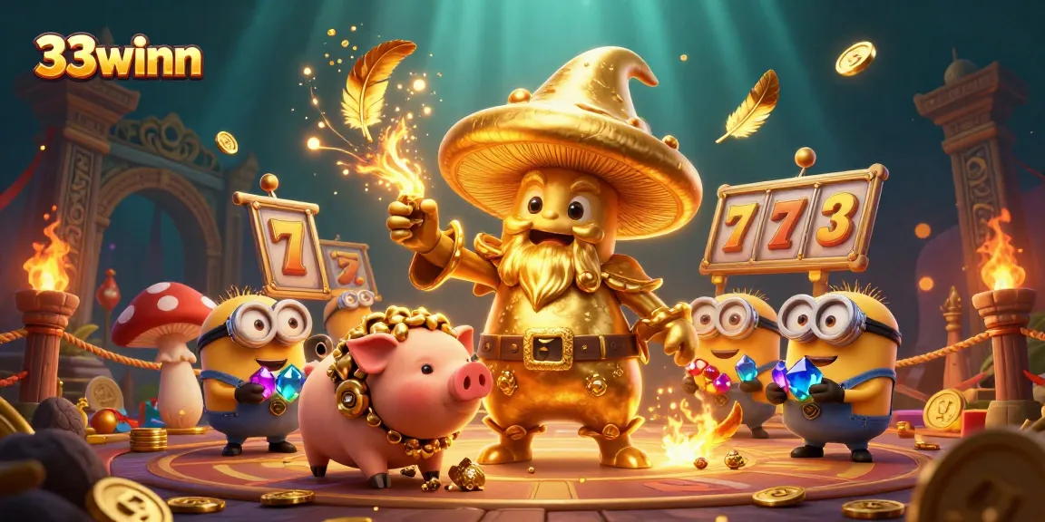 33winn players spinning slot reels and winning gold in a vibrant casino scene.
