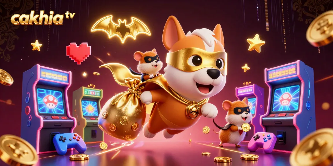 Cakhia TV brings the thrill of gambling with a superhero dog flying amidst gold coins and gaming elements.