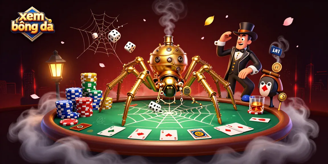 Xem bóng đá with an intricate golden spider web and poker elements in a vibrant casino scene.